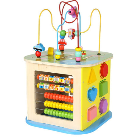 Jucarie interactiva si educativa tip cub, 6 in 1, multifunctionala, diferite jocuri, activitati, figuri geometrice, angrenaje rotative, forme de sortat, din lemn, multicolor, 28x28x25cm - BUZ.RO