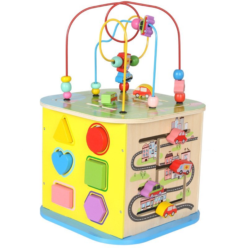 Jucarie interactiva si educativa tip cub, 6 in 1, multifunctionala, diferite jocuri, activitati, figuri geometrice, angrenaje rotative, forme de sortat, din lemn, multicolor, 28x28x25cm - BUZ.RO