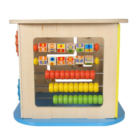 Jucarie interactiva si educativa tip cub, 6 in 1, multifunctionala, diferite jocuri, activitati, figuri geometrice, angrenaje rotative, forme de sortat, din lemn, multicolor, 28x28x25cm - BUZ.RO