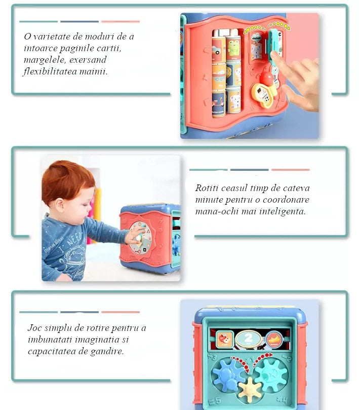 Jucarie interactiva si educativa tip cub, 6in1, multifunctional, diferite jocuri, activitati, figuri geometrice, angrenaje rotative, forme de sortat, din plastic, albastru