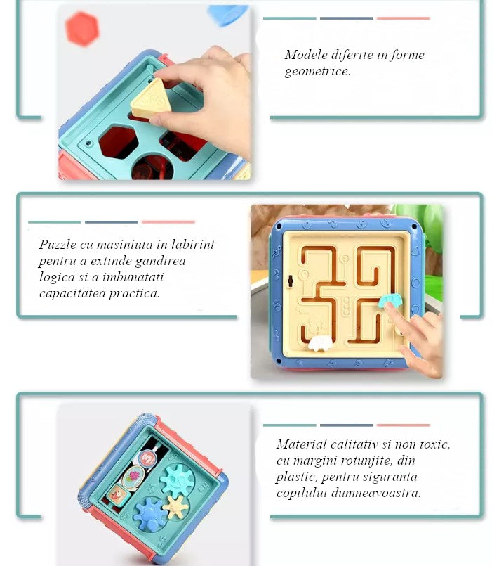 Jucarie interactiva si educativa tip cub, 6in1, multifunctional, diferite jocuri, activitati, figuri geometrice, angrenaje rotative, forme de sortat, din plastic, albastru