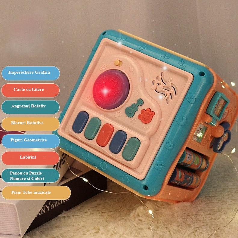 Jucarie interactiva si educativa tip cub, 6in1, multifunctional, diferite jocuri, activitati, figuri geometrice, angrenaje rotative, forme de sortat, din plastic, albastru