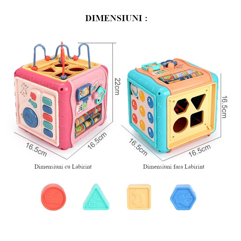 Jucarie interactiva si educativa tip cub, 6in1, multifunctional, diferite jocuri, activitati, figuri geometrice, angrenaje rotative, forme de sortat, din plastic, albastru
