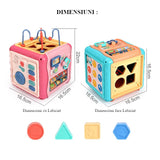 Jucarie interactiva si educativa tip cub, 6in1, multifunctional, diferite jocuri, activitati, figuri geometrice, angrenaje rotative, forme de sortat, din plastic, albastru
