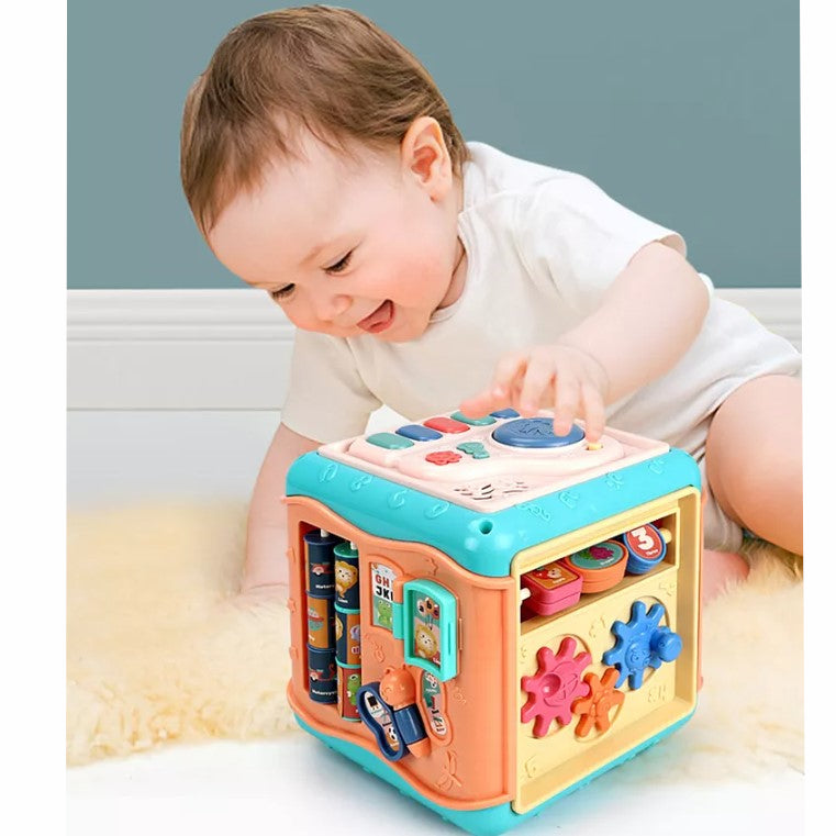 Jucarie interactiva si educativa tip cub, 6in1, multifunctional, diferite jocuri, activitati, figuri geometrice, angrenaje rotative, forme de sortat, din plastic, albastru