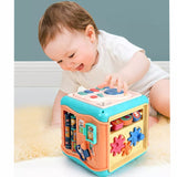Jucarie interactiva si educativa tip cub, 6in1, multifunctional, diferite jocuri, activitati, figuri geometrice, angrenaje rotative, forme de sortat, din plastic, albastru