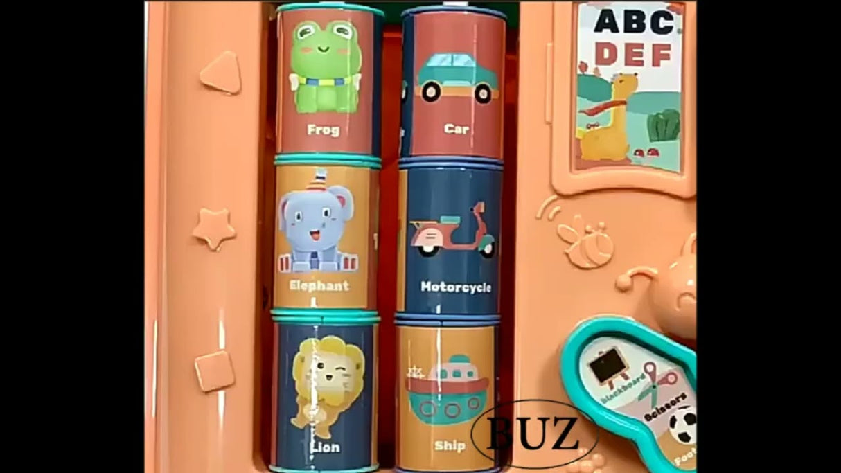 Jucarie interactiva si educativa tip cub, 6in1, multifunctional, diferite jocuri, activitati, figuri geometrice, angrenaje rotative, forme de sortat, din plastic, albastru