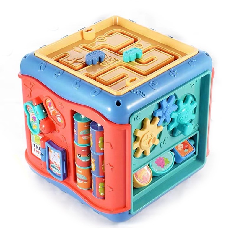 Jucarie interactiva si educativa tip cub, 6in1, multifunctional, diferite jocuri, activitati, figuri geometrice, angrenaje rotative, forme de sortat, din plastic, albastru