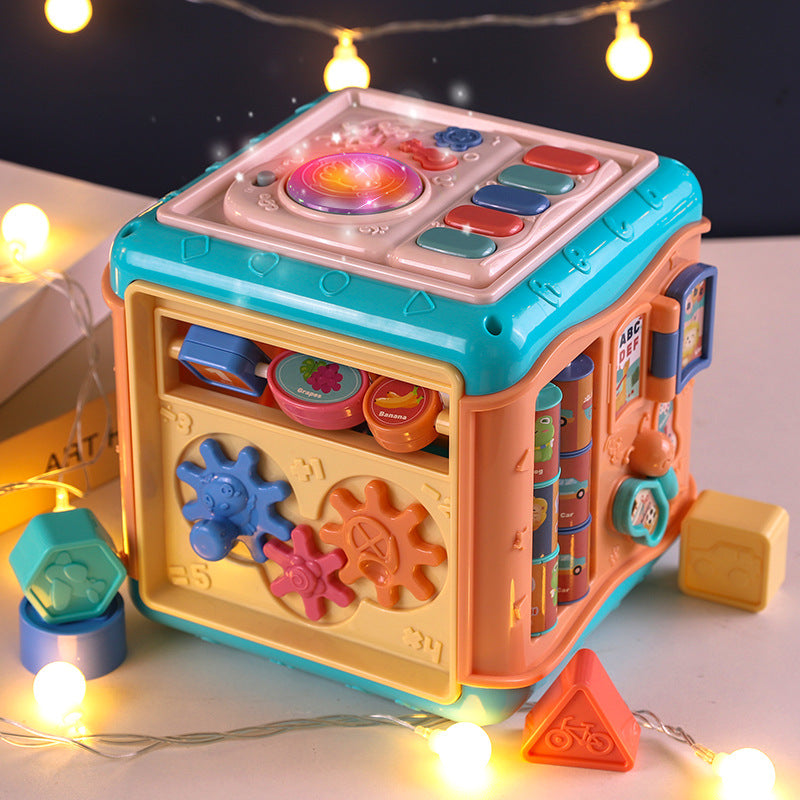 Jucarie interactiva si educativa tip cub, 6in1, multifunctional, diferite jocuri, activitati, figuri geometrice, angrenaje rotative, forme de sortat, din plastic, albastru