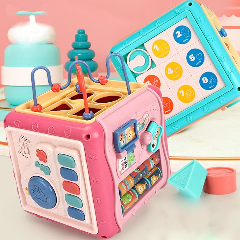 Jucarie interactiva si educativa tip cub, 6in1, multifunctional, diferite jocuri, activitati, figuri geometrice, angrenaje rotative, forme de sortat, din plastic, albastru