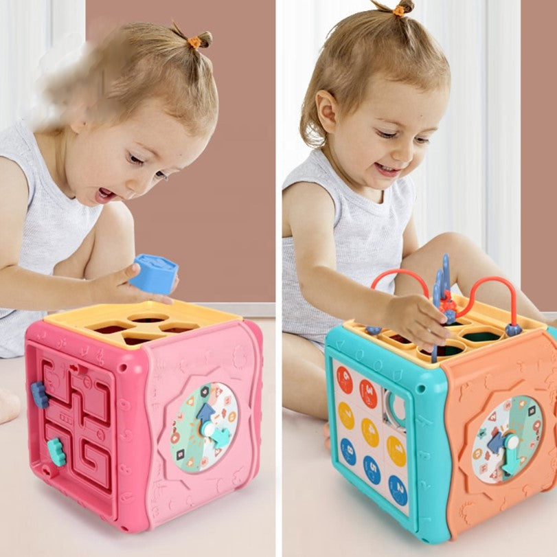Jucarie interactiva si educativa tip cub, 6in1, multifunctional, diferite jocuri, activitati, figuri geometrice, angrenaje rotative, forme de sortat, din plastic, albastru