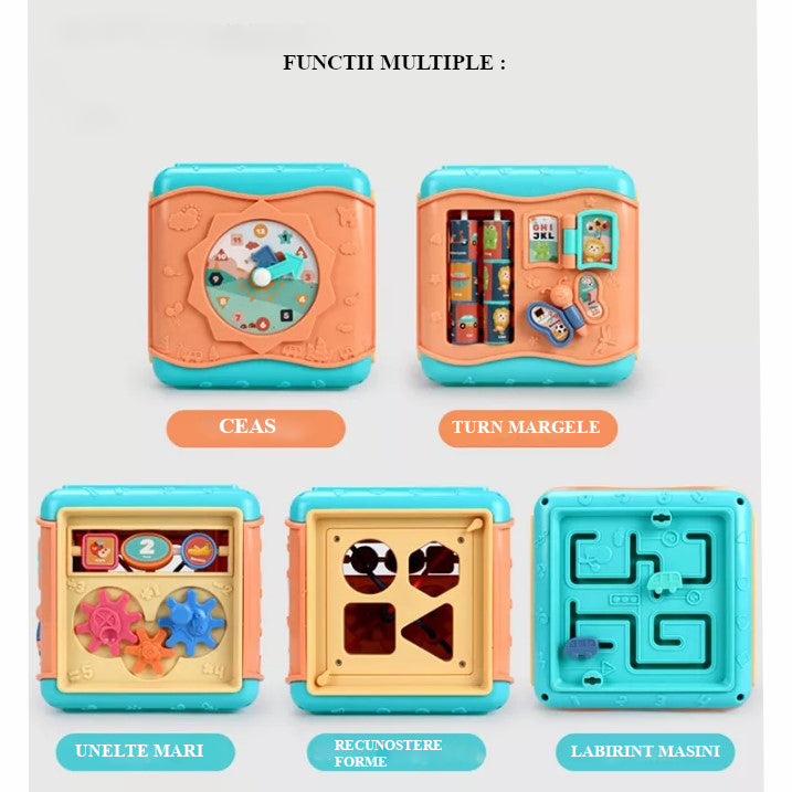 Jucarie interactiva si educativa tip cub, 6in1, multifunctional, diferite jocuri, activitati, figuri geometrice, angrenaje rotative, forme de sortat, din plastic, albastru