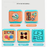Jucarie interactiva si educativa tip cub, 6in1, multifunctional, diferite jocuri, activitati, figuri geometrice, angrenaje rotative, forme de sortat, din plastic, albastru