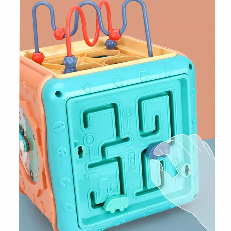 Jucarie interactiva si educativa tip cub, 6in1, multifunctional, diferite jocuri, activitati, figuri geometrice, angrenaje rotative, forme de sortat, din plastic, albastru