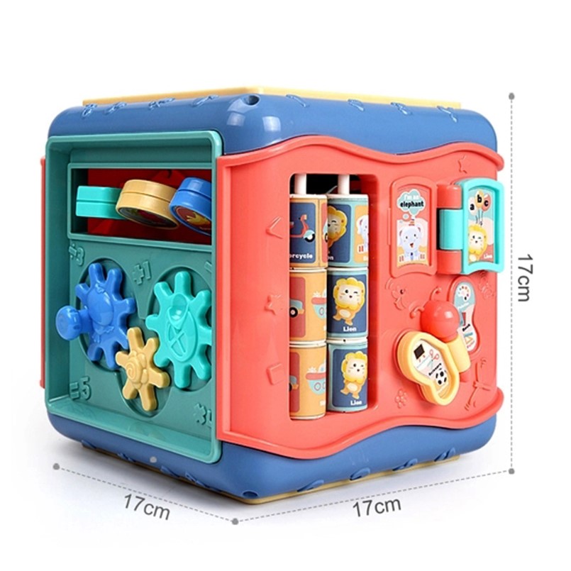 Jucarie interactiva si educativa tip cub, 6in1, multifunctional, diferite jocuri, activitati, figuri geometrice, angrenaje rotative, forme de sortat, din plastic, albastru