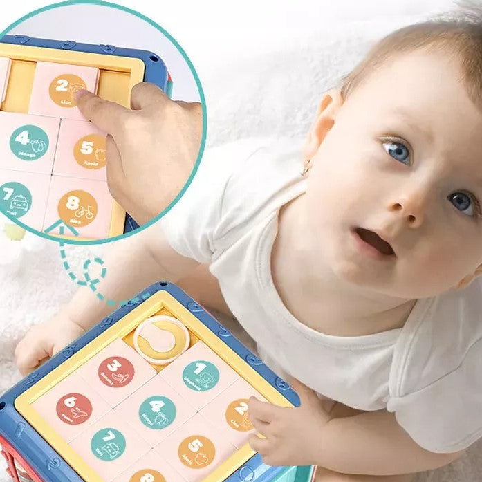 Jucarie interactiva si educativa tip cub, 6in1, multifunctional, diferite jocuri, activitati, figuri geometrice, angrenaje rotative, forme de sortat, din plastic, albastru