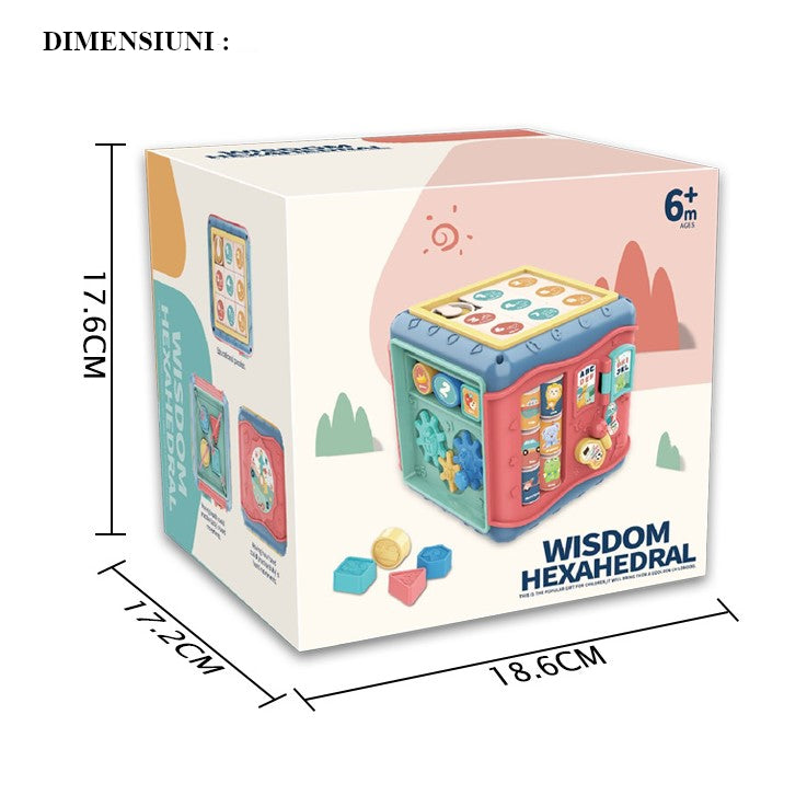 Jucarie interactiva si educativa tip cub, 6in1, multifunctional, diferite jocuri, activitati, figuri geometrice, angrenaje rotative, forme de sortat, din plastic, roz
