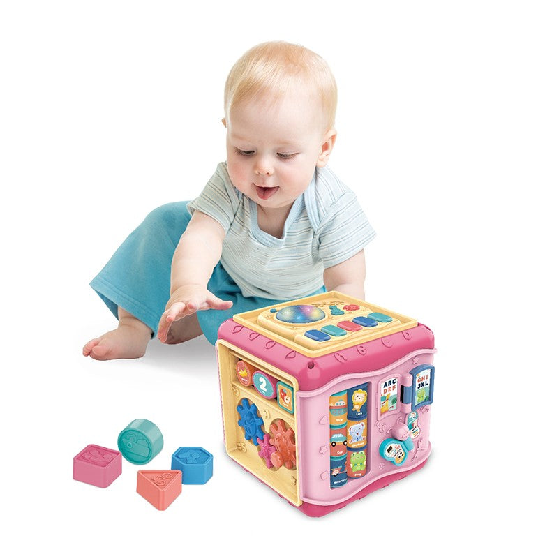 Jucarie interactiva si educativa tip cub, 6in1, multifunctional, diferite jocuri, activitati, figuri geometrice, angrenaje rotative, forme de sortat, din plastic, roz