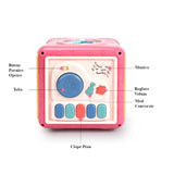 Jucarie interactiva si educativa tip cub, 6in1, multifunctional, diferite jocuri, activitati, figuri geometrice, angrenaje rotative, forme de sortat, din plastic, roz
