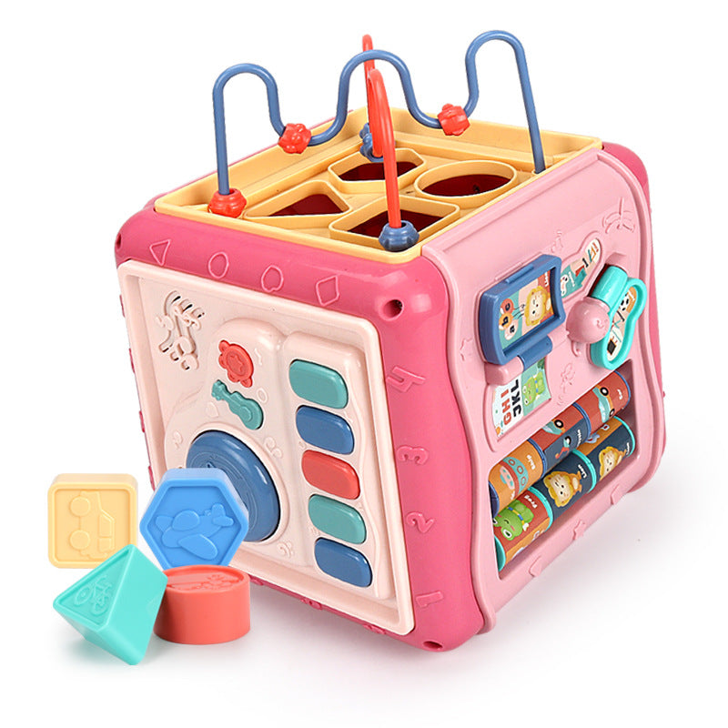 Jucarie interactiva si educativa tip cub, 6in1, multifunctional, diferite jocuri, activitati, figuri geometrice, angrenaje rotative, forme de sortat, din plastic, roz