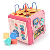Jucarie interactiva si educativa tip cub, 6in1, multifunctional, diferite jocuri, activitati, figuri geometrice, angrenaje rotative, forme de sortat, din plastic, roz
