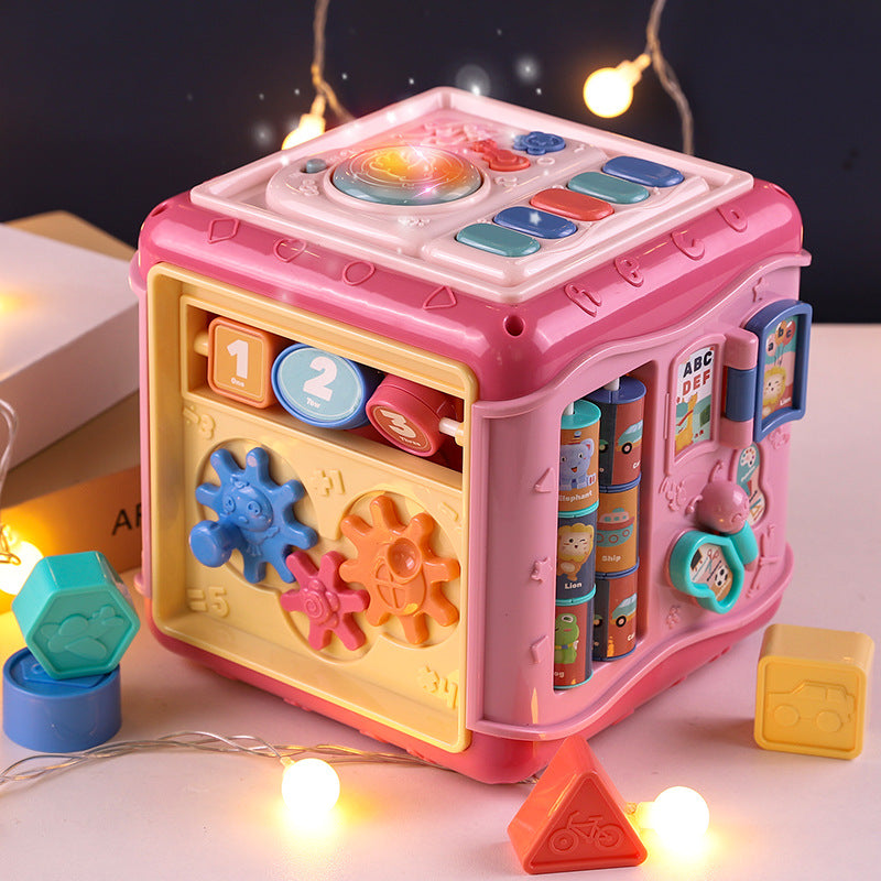Jucarie interactiva si educativa tip cub, 6in1, multifunctional, diferite jocuri, activitati, figuri geometrice, angrenaje rotative, forme de sortat, din plastic, roz
