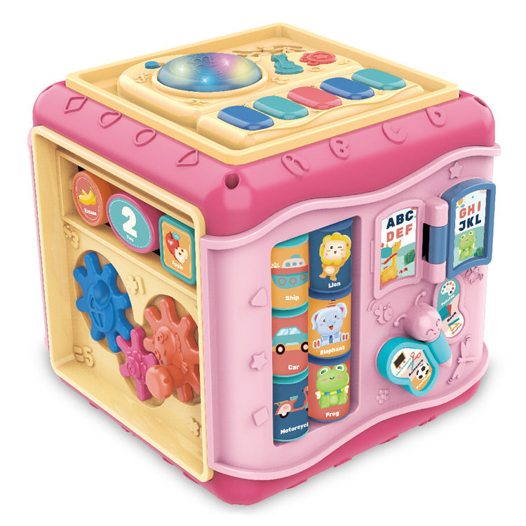 Jucarie interactiva si educativa tip cub, 6in1, multifunctional, diferite jocuri, activitati, figuri geometrice, angrenaje rotative, forme de sortat, din plastic, roz