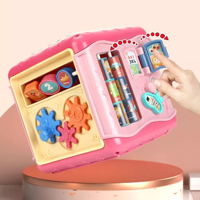 Jucarie interactiva si educativa tip cub, 6in1, multifunctional, diferite jocuri, activitati, figuri geometrice, angrenaje rotative, forme de sortat, din plastic, roz