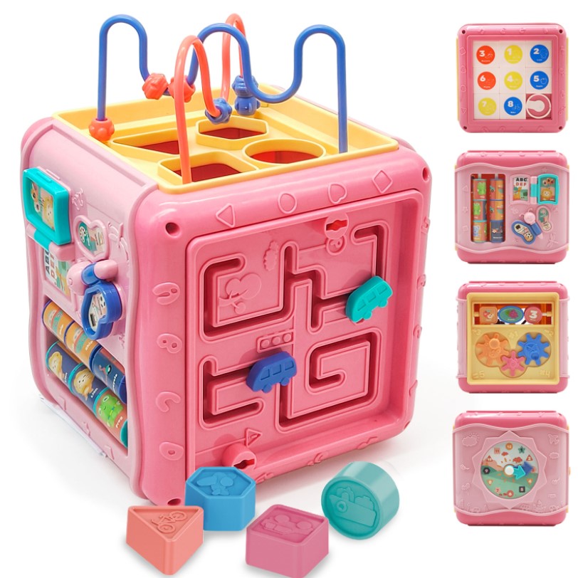 Jucarie interactiva si educativa tip cub, 6in1, multifunctional, diferite jocuri, activitati, figuri geometrice, angrenaje rotative, forme de sortat, din plastic, roz