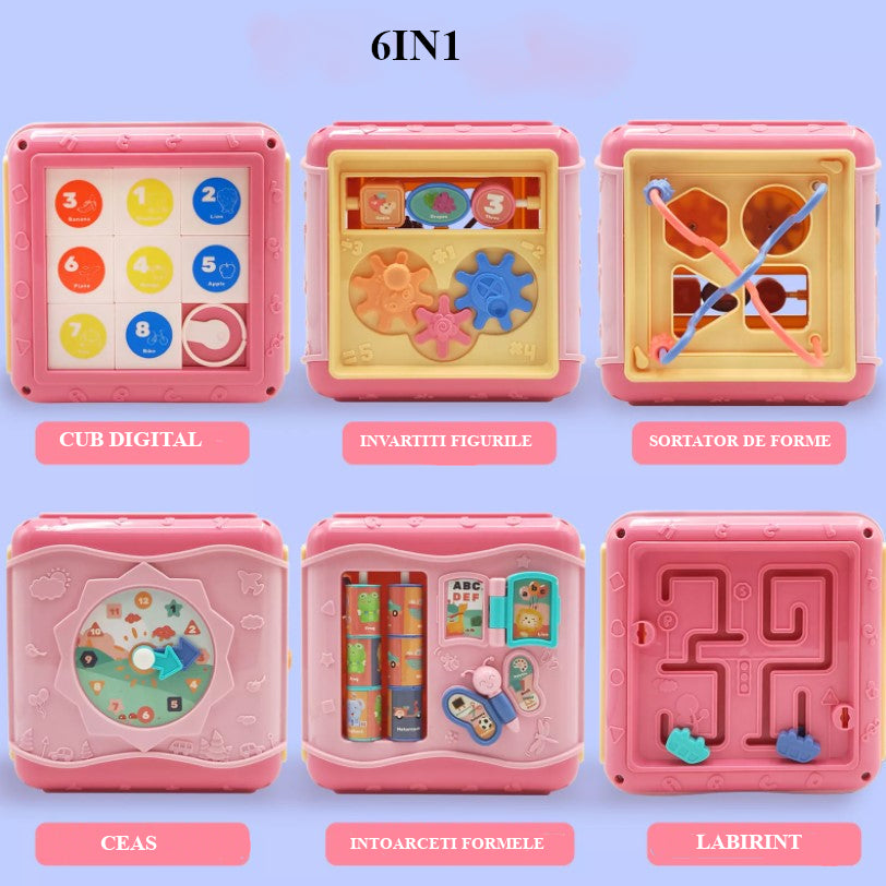 Jucarie interactiva si educativa tip cub, 6in1, multifunctional, diferite jocuri, activitati, figuri geometrice, angrenaje rotative, forme de sortat, din plastic, roz