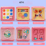 Jucarie interactiva si educativa tip cub, 6in1, multifunctional, diferite jocuri, activitati, figuri geometrice, angrenaje rotative, forme de sortat, din plastic, roz