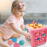 Jucarie interactiva si educativa tip cub, 6in1, multifunctional, diferite jocuri, activitati, figuri geometrice, angrenaje rotative, forme de sortat, din plastic,ROZ/ALBASTRU - BUZ.RO