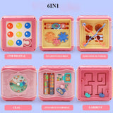 Jucarie interactiva si educativa tip cub, 6in1, multifunctional, diferite jocuri, activitati, figuri geometrice, angrenaje rotative, forme de sortat, din plastic,ROZ/ALBASTRU - BUZ.RO