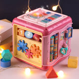 Jucarie interactiva si educativa tip cub, 6in1, multifunctional, diferite jocuri, activitati, figuri geometrice, angrenaje rotative, forme de sortat, din plastic,ROZ/ALBASTRU - BUZ.RO