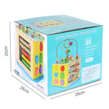 Jucarie interactiva si educativa tip cub, 6 in 1, multifunctionala, diferite jocuri, activitati, figuri geometrice, angrenaje rotative, forme de sortat, din lemn, multicolor, 28x28x25cm