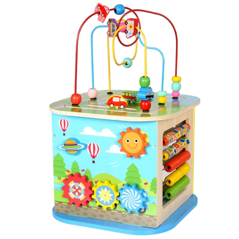 Jucarie interactiva si educativa tip cub, 6 in 1, multifunctionala, diferite jocuri, activitati, figuri geometrice, angrenaje rotative, forme de sortat, din lemn, multicolor, 28x28x25cm