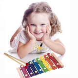 Xilofon copii, jucarie interactiva, jucarie educativa,  2 ciocanele, 8 note muzicale, din lemn, multicolora