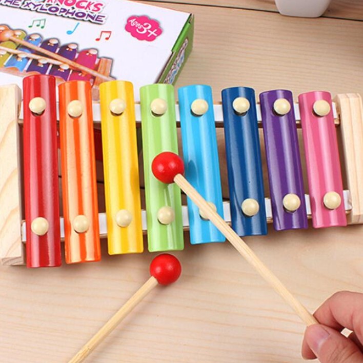 Xilofon copii, jucarie interactiva, jucarie educativa,  2 ciocanele, 8 note muzicale, din lemn, multicolora