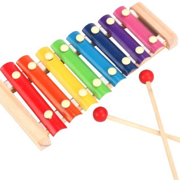 Xilofon copii, jucarie interactiva, jucarie educativa,  2 ciocanele, 8 note muzicale, din lemn, multicolora