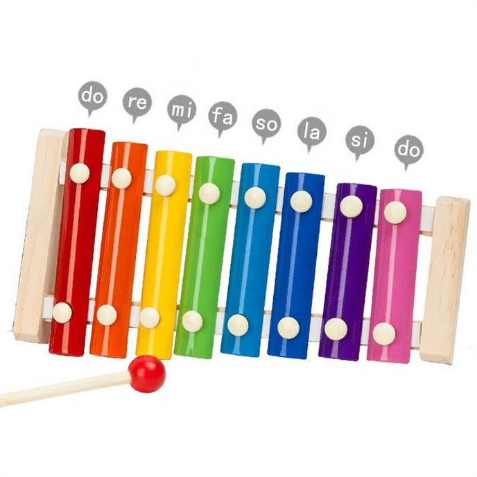 Xilofon copii, jucarie interactiva, jucarie educativa,  2 ciocanele, 8 note muzicale, din lemn, multicolora
