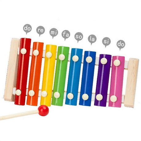 Xilofon copii, jucarie interactiva, jucarie educativa,  2 ciocanele, 8 note muzicale, din lemn, multicolora