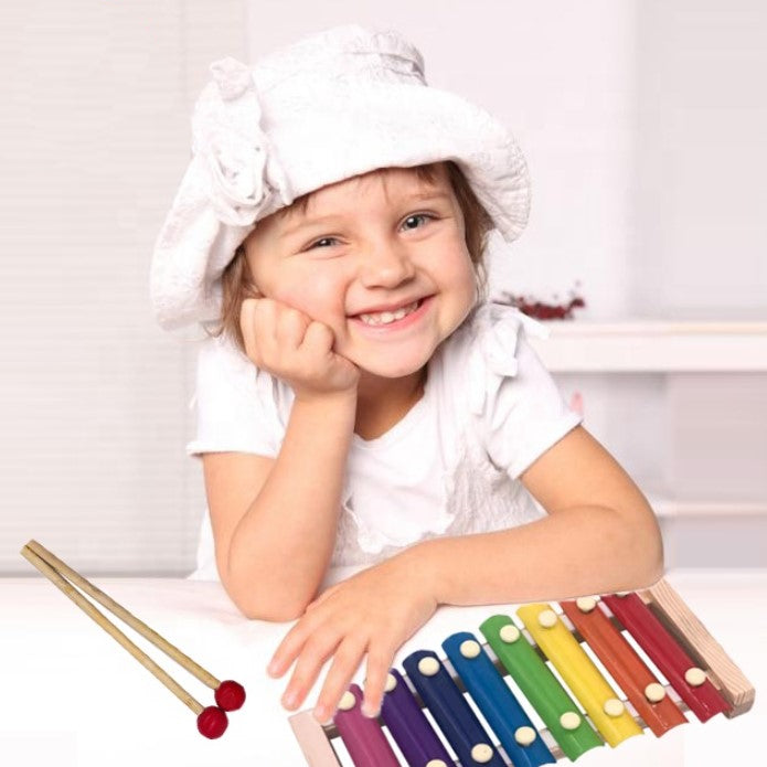 Xilofon copii, jucarie interactiva, jucarie educativa,  2 ciocanele, 8 note muzicale, din lemn, multicolora