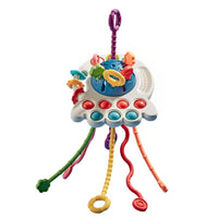 Jucarie senzoriala, motricitate bebelusi, jucarie dentitie, model ozn, caracatita silicon, alb, montessori