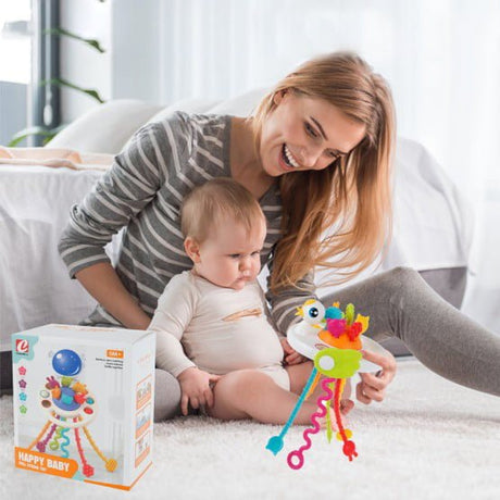 Jucarie senzoriala, motricitate, jucarie bebelusi, cu snur, jucarie dentitie, model cu ratusca, alb, montessori - BUZ.RO