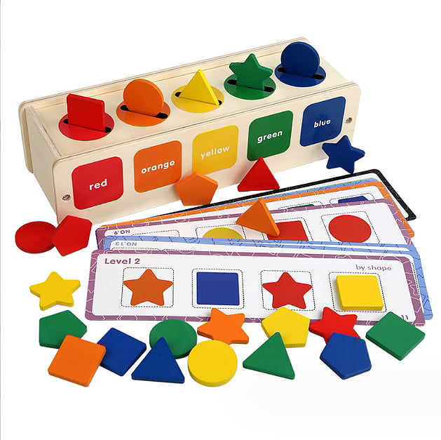 Puzzle Montessori potrivire forme si culori, 35 piese din lemn natural eco, 5 coloane de sortare a culorilor