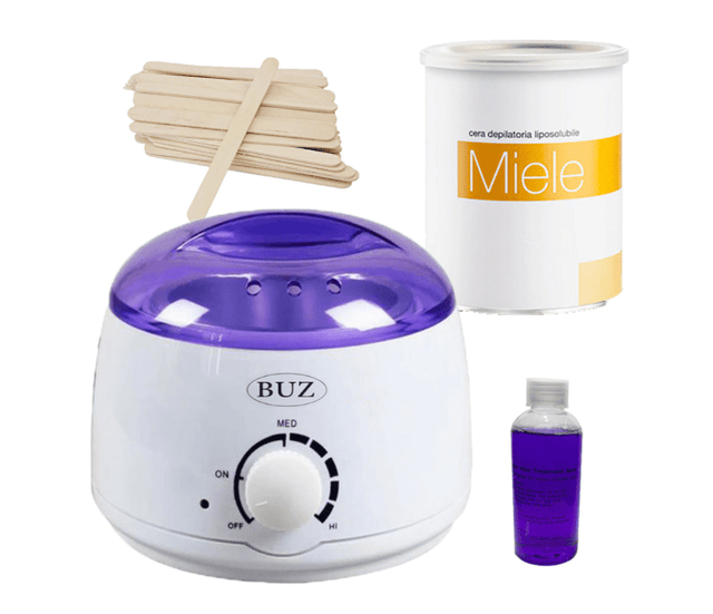 Kit de epilare cu ceara traditionala, incalzitor ceara 400 ml, ulei si betisoare, buz - BUZ.RO