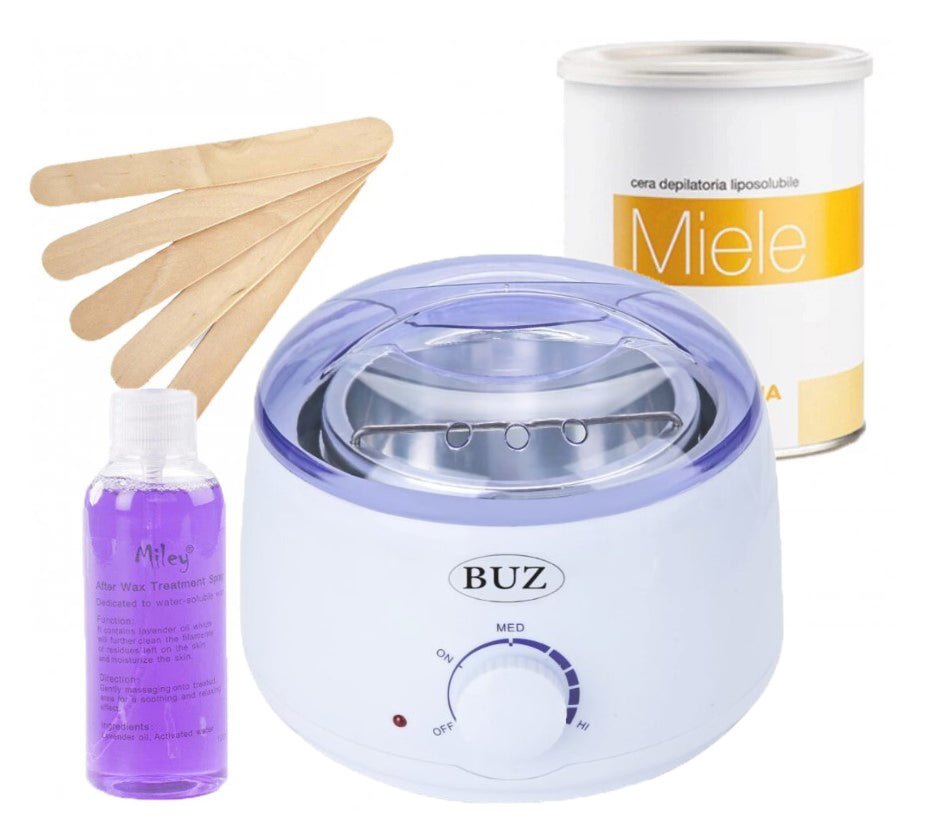Kit epilare ceara, incalzitor ceara, ceara epilat, ceara cutie, miere, 400ml, spatula lemn, ulei dupa epilare 400ml - BUZ.RO