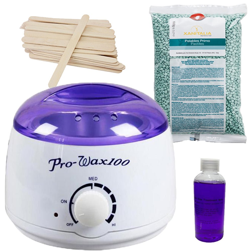 Kit epilare ceara, incalzitor ceara, ceara epilat, granule, 1kg, spatula lemn, ulei dupa epilare, traditionala, verde, aloe vera - BUZ.RO