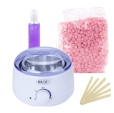 Kit epilare ceara, incalzitor ceara, ceara epilat, granule, 250gr, spatula lemn, ulei dupa epilare, traditionala, roz - BUZ.RO