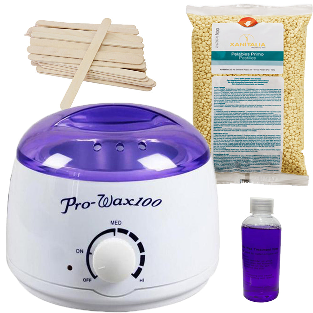 Kit epilare ceara, incalzitor ceara, ceara epilat, granule, 1kg, spatula lemn, ulei dupa epilare, traditionala, galben